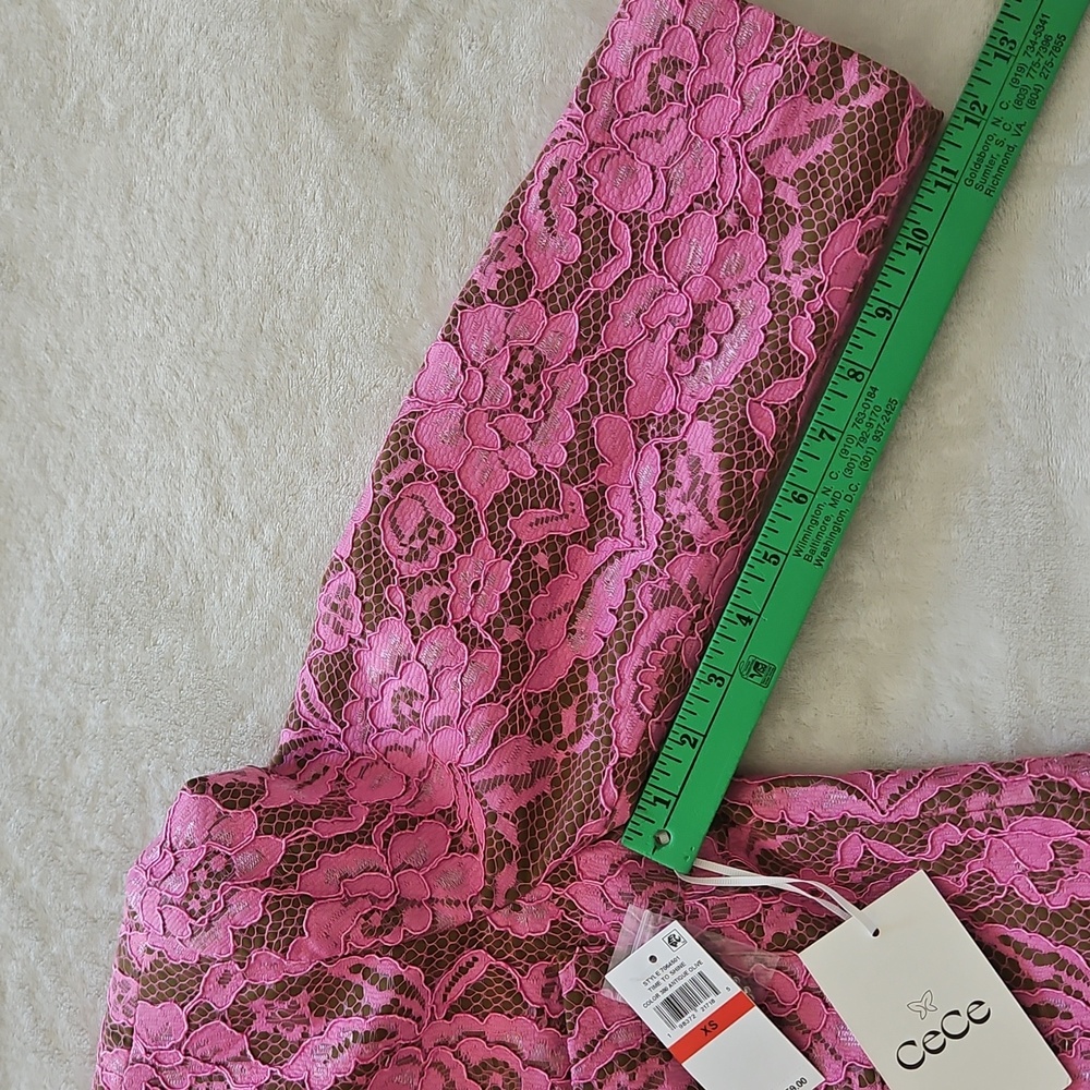 CeCe Antique Olive W/Pink Lace/ Rhinestone Button Cropped Collarless Jacket: XS - Picture 16 of 16